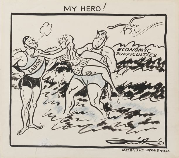 Robert Menzies, dressed as a lifeguard, emerges from the ocean holding a woman he has rescued from drowning. However, a more handsome lifeguard, with a sash that reads Labor, gets the credit, with the woman crying ‘My Hero!’ as she tries to embrace him.