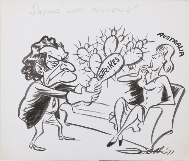 A woman, labelled Australia, sits on a couch. Bob Hawke, an angry look on his face, approaches her holding a cactus like a bouquet of flowers. The cactus is labelled Strikes.