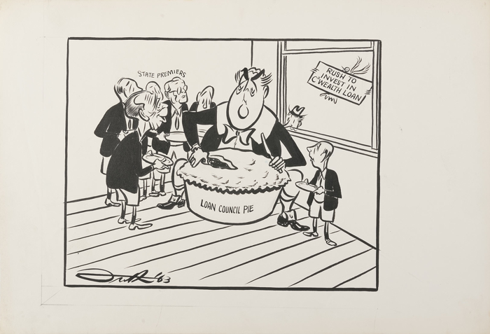 Robert Menzies is depicted as Little Jack Horner, cutting into a large pie. He is surrounded by representations of the six state Premiers, of which Henry Bolte is most prominent, holding plates expectantly. A bird outside the window holds a sign: Rush to invest in C’wealth Loan.