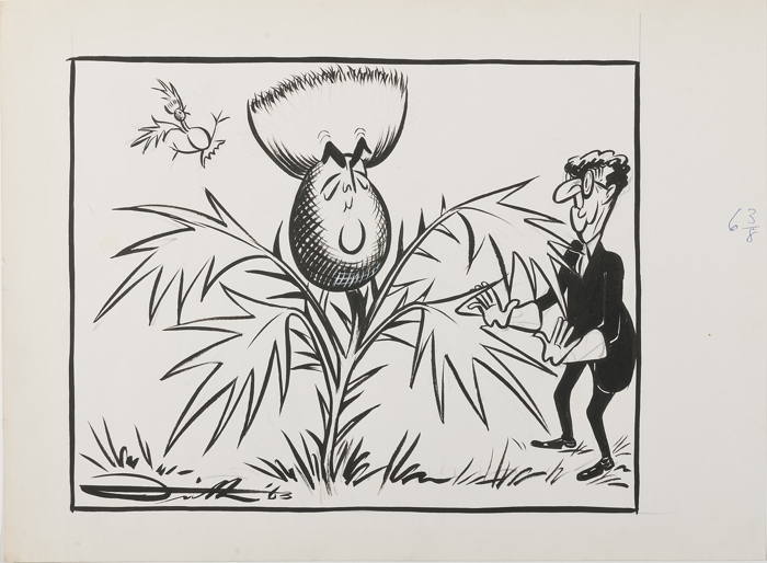 Robert Menzies depicted as a thistle, while a cranky Arthur Calwell looks on.