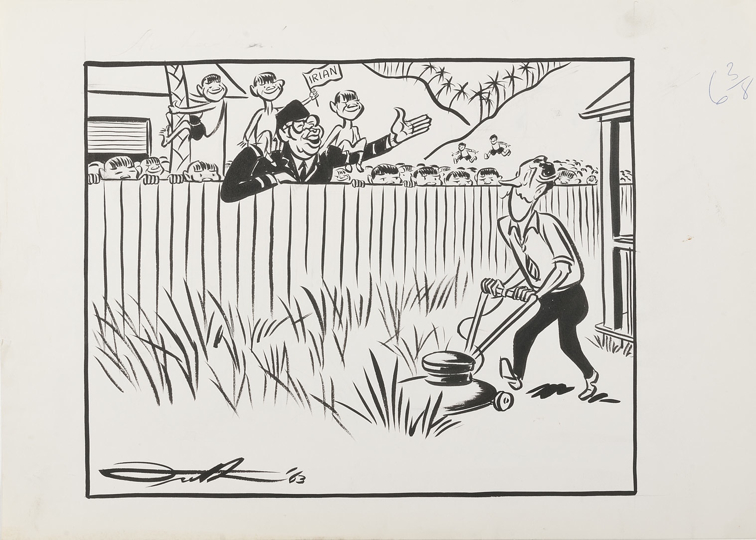 A man (Frith) mows his lawn, while another man waves to him over the fence. On the second man’s shoulders and climbing a tree near him are three children, one of whom holds a flag which says Irian. There are palm trees and desert on the other side of the fence, and a lot of people crowding the yard.