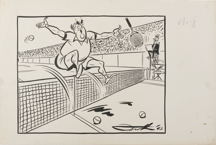 Menzies is shown on a tennis court, leaping over the net, throwing his racquet aside in glee, beaming before a crowd.