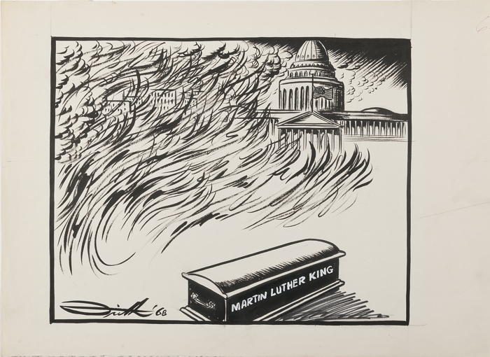 A coffin labelled ‘Martin Luther King’ sits before the United States Capitol, its flag at half mast, as a thunderstorm rages above the Capitol and flames burn across it and the city in the background.