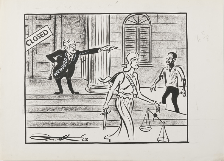 A figure of a woman representing Justice, carrying a sword, a scale and with a sash labelled Justice, is ejected from a courthouse by Hendrik Verwoerd, as a black South African man looks on dejectedly.