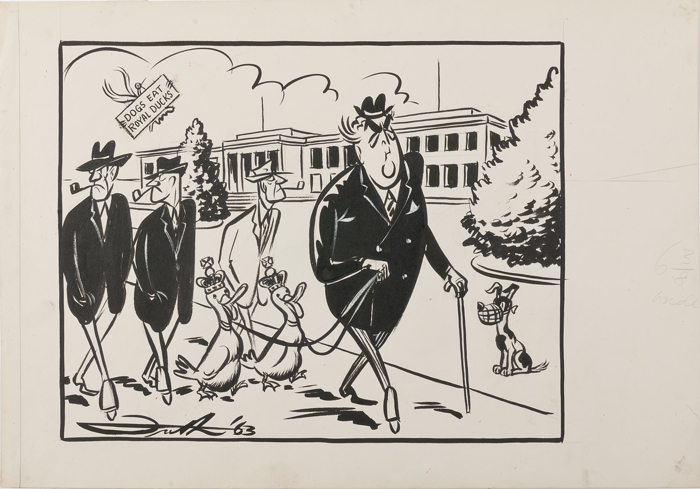Robert Menzies walking two ducks, wearing crowns, as two bemused gentlemen walk behind him. The Provisional Parliament House is in the background. They are watched by a muzzled dog and a bird holding a sign: Dogs Eat Royal Ducks.