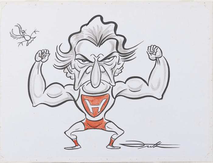 Bob Hawke depicted as a strongman or weightlifter, flexing muscles.