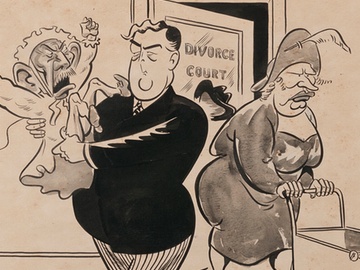 Robert Menzies and Arthur Fadden (dressed as a woman) emerge from a door labelled Divorce Court. Fadden pushes an empty pram, while Menzies holds Billy Hughes, depicted as a screaming baby.
