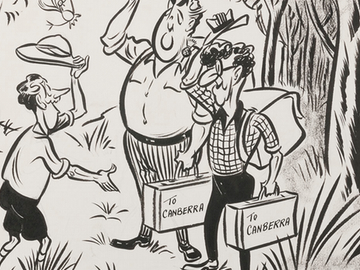 Sir Robert Menzies and Arthur Calwell, in trekking or safari outfits, greet John Frith as they emerge from thick jungle or forest. They carry briefcases labelled To Canberra.