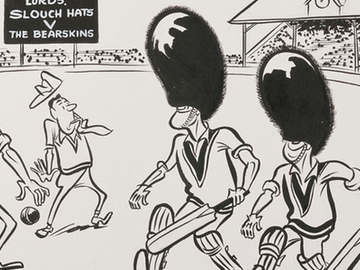Two cricketers wearing bearskin hats as found on guards at Buckingham Palace are playing cricket at Lord’s against several players wearing slouch hats. The slouch hatted players, presumably Australians, are very surprised by the bearskin hats.