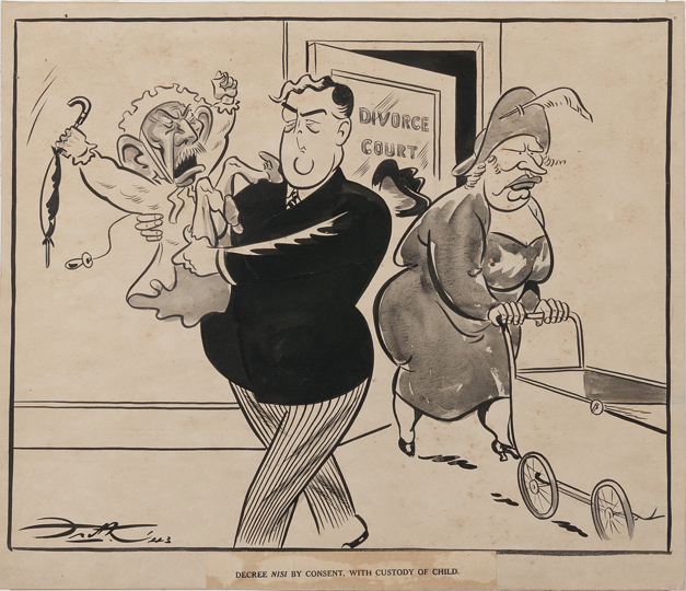 Robert Menzies and Arthur Fadden (dressed as a woman) emerge from a door labelled Divorce Court. Fadden pushes an empty pram, while Menzies holds Billy Hughes, depicted as a screaming baby.