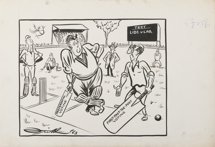 Menzies and Calwell are cricketers; a scoreboard reads Test: Libs v Lab. Menzies holds a cricket bat labelled preferential voting, while Calwell has a much larger bat labelled First-past-the-post voting.