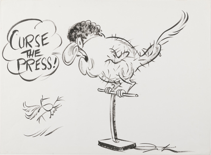 Arthur Calwell depicted as a cockatoo on a perch, screeching ‘Curse the press!’