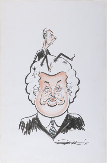 John Kerr depicted with Gough Whitlam sitting roughly and uncomfortably on Kerr’s head.