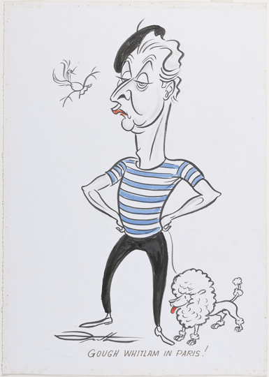 Gough Whitlam depicted in stereotypical French attire – a beret, striped T-shirt, and with a poodle on a leash.