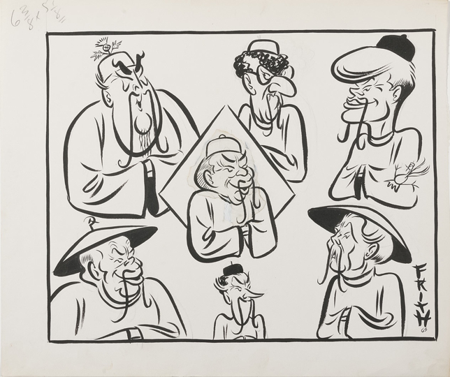 Henry Bolte surrounded by caricatures of Robert Menzies, Arthur Calwell, John F. Kennedy, Nikita Khrushchev and Harold Macmillan. All are wearing long Fu Manchu moustaches and traditional Chinese costume.