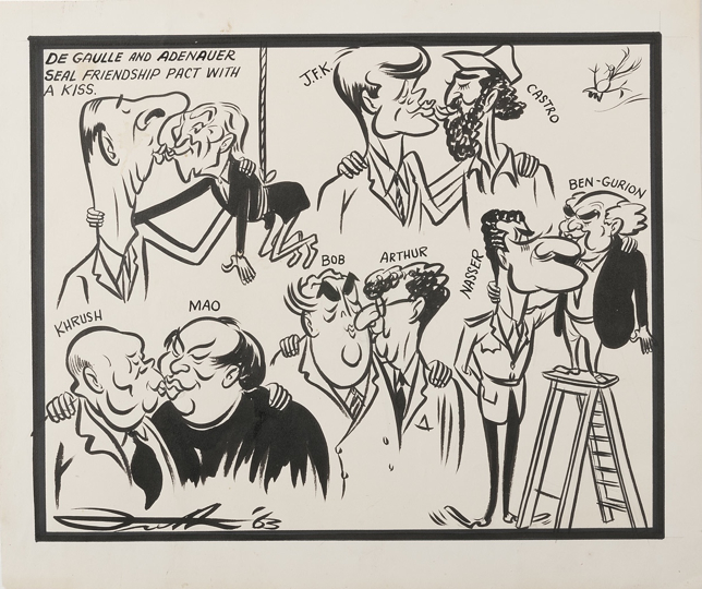 Caricatures of several leading world politicians kissing one another: Charles de Gaulle and Konrad Adenaur (who hangs from a rope); John F. Kennedy and Fidel Castro; Nikita Khrushchev and Mao Zedong; Robert Menzies and Arthur Calwell; and Gamal Abdel Nasser and David Ben-Gurian, who is standing on a stepladder.