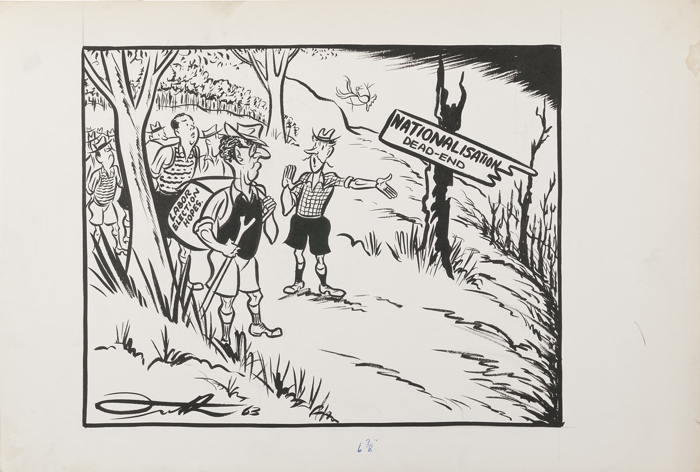 Arthur Calwell is shown as a bushwalker with a backpack labelled Labor election hopes. A guide (Frith) is showing him a sign reading Nationalisation dead-end, which points over a cliff.