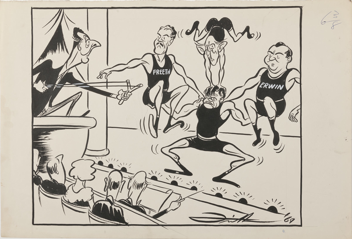 John Gorton is on a stage wearing an acrobat’s costume, precariously balancing Gordon Freeth on one arm, Dudley Erwin on the other and William McMahon doing a handstand on Gorton’s head. Gough Whitlam sits in a viewing box armed with a slingshot, taking aim at Gorton.