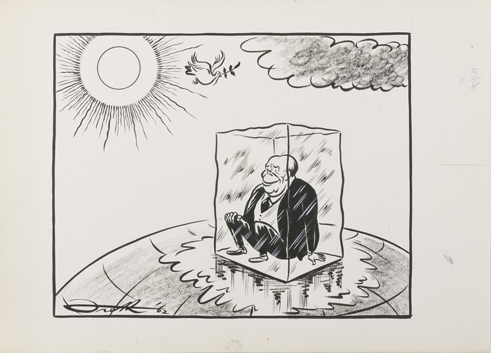 Soviet leader Nikita Khrushchev is depicted sitting in the sun on top of the globe, inside a rapidly melting block of ice.