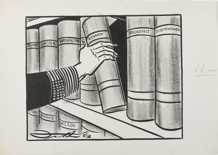 A hand in a sleeve featuring the US flag places a book on a shelf. The book is labelled Kennedy and the other books Lincoln, Washington, Roosevelt, Eisenhower, Hoover and Wilson.