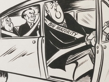 Menzies is driving a car, wearing a seat belt labelled Big Majority. Harold Holt and John McEwen are in the car’s back seat.