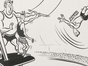 John Frith stands on a platform, with Menzies holding a trapeze, urging Frith to grab hold of it. Opposite, Arthur Calwell swings on another trapeze, labelled as general election.
