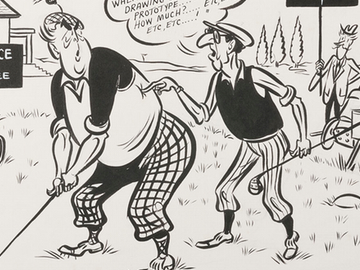 Sir Robert Menzies and Arthur Calwell are shown as golfers, wearing golf outfits and carrying clubs. Sir Robert is about to tee off. Calwell is confronting him, shouting ‘TFX…TSR2…production line…when available…costs…drawing boards…prototype…how much…etc, etc, etc, etc……’. John Frith stands nearby with a sign saying Aust. Open Election and a Menzies vs Calwell scoreboard.