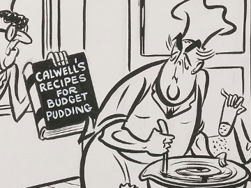 Menzies and Holt are dressed as chefs, stirring a large bowl. Holt holds a cookbook labelled ‘Holt’s recipe’. Arthur Calwell, wearing a chef’s hat, sticks his head through the open window. He holds a book called Calwell’s Recipe for Budget Pudding.
