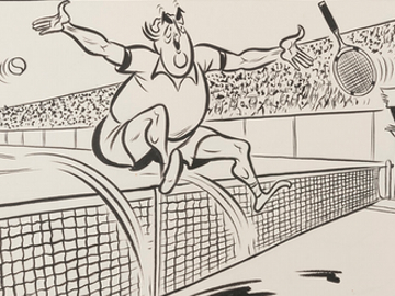 Menzies is shown on a tennis court, leaping over the net, throwing his racquet aside in glee, beaming before a crowd.
