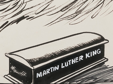 A coffin labelled ‘Martin Luther King’ sits before the United States Capitol, its flag at half mast, as a thunderstorm rages above the Capitol and flames burn across it and the city in the background.