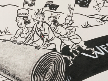 A family of four (a father in a suit, mother in an apron, older girl and young boy) roll out a very long carpet along a roadway which bears the message: welcome. The mother has a Union Flag in her hat and the father an Australian flag. An observing kangaroo also holds an Australian flag and an observing bird holds both.
