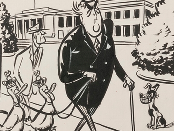 Robert Menzies walking two ducks, wearing crowns, as two bemused gentlemen walk behind him. The Provisional Parliament House is in the background. They are watched by a muzzled dog and a bird holding a sign: Dogs Eat Royal Ducks.